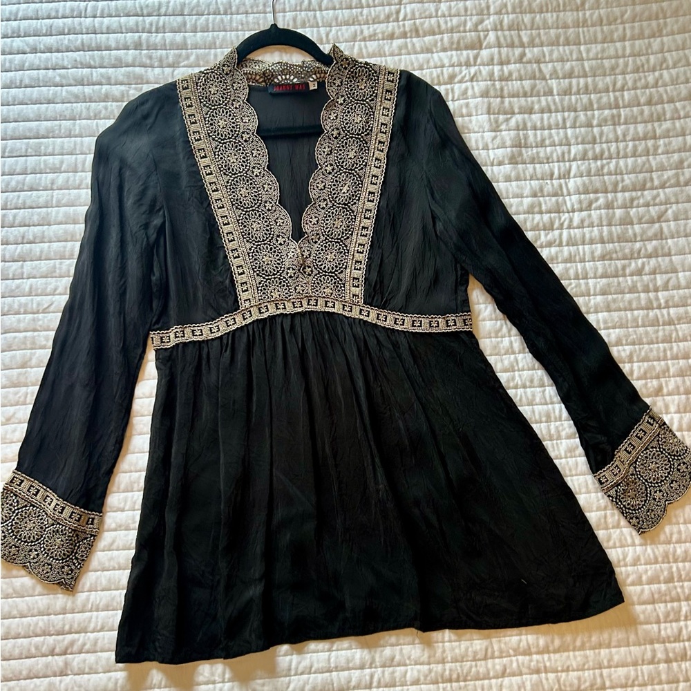Johnny Was Black Tunic with Muted Gold Lace Trim